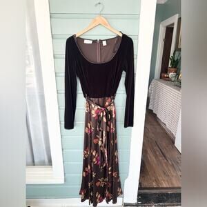 Vintage chocolate brown velvet dress vegetable print beet berries fall maxi 6